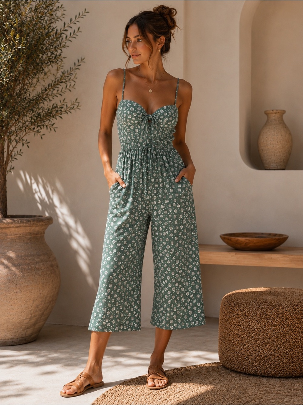 AUW Women's Floral Cropped Wide Leg Jumpsuit Size Small | Adjustable Straps |